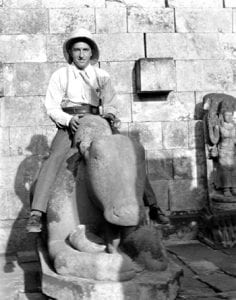 Courtesy of Greg Bronner and Eleanor Bronner Anderson In 1931, Robert Bronner sits atop cow sculpture at Borobudur, ninth-century Mahayana Buddhist temple in Central Java, Indonesia 