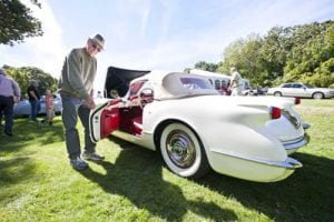 William Schieck's of Bayside 1954 Chevrolet Corvette Photo by Marisol Diaz Owner William Schieck of Bayside, show a peak into the exterior of his Polo white 1954 Chevrolet Corvette, 6 cylinder, fiberglass body and white wall tires on view at the Jaguar show held the Vanderbilt Museum in Centerport, Sept. 14, 2014.