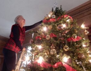 Christmas Tree in the Vanderbilt Library Kathleen Kane of the Dix Hills Garden Club places an ornament high on the large tree in the Vanderbilt Library. Vanderbilt Museum photos