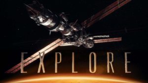 An image of a satellite in space, above the word Explore