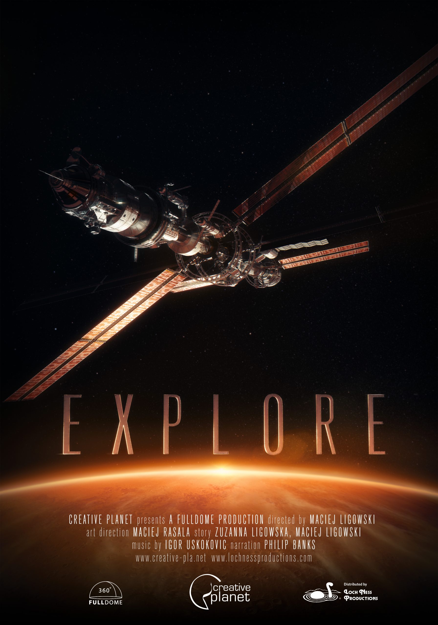 An illustration of a satellite, above a lighted horizon serves as the cinematic promotional poster for the film Explore
