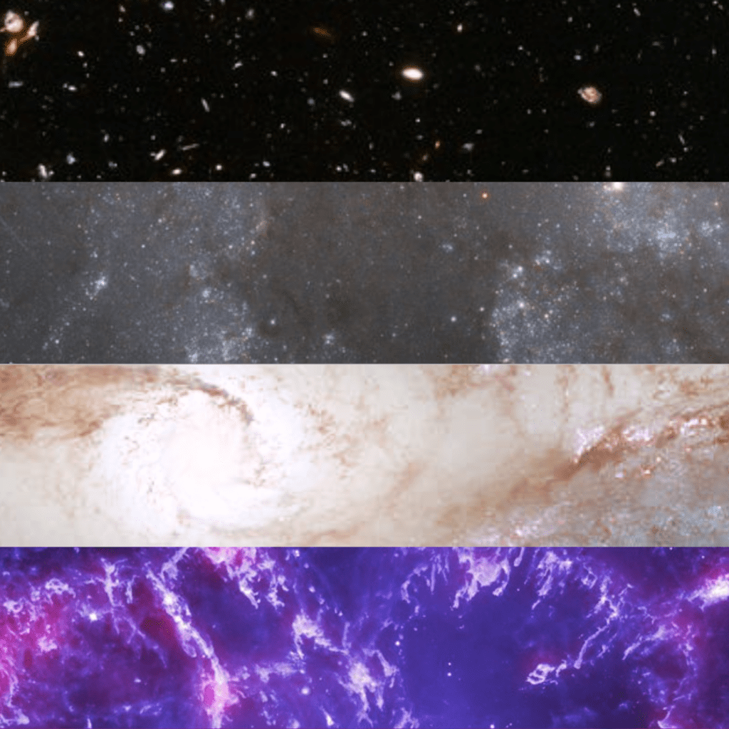 The ace pride flag, featuring four stripes (from top to bottom: black, gray, white, and purple) made from photos of nebulas, galaxies, and stars.