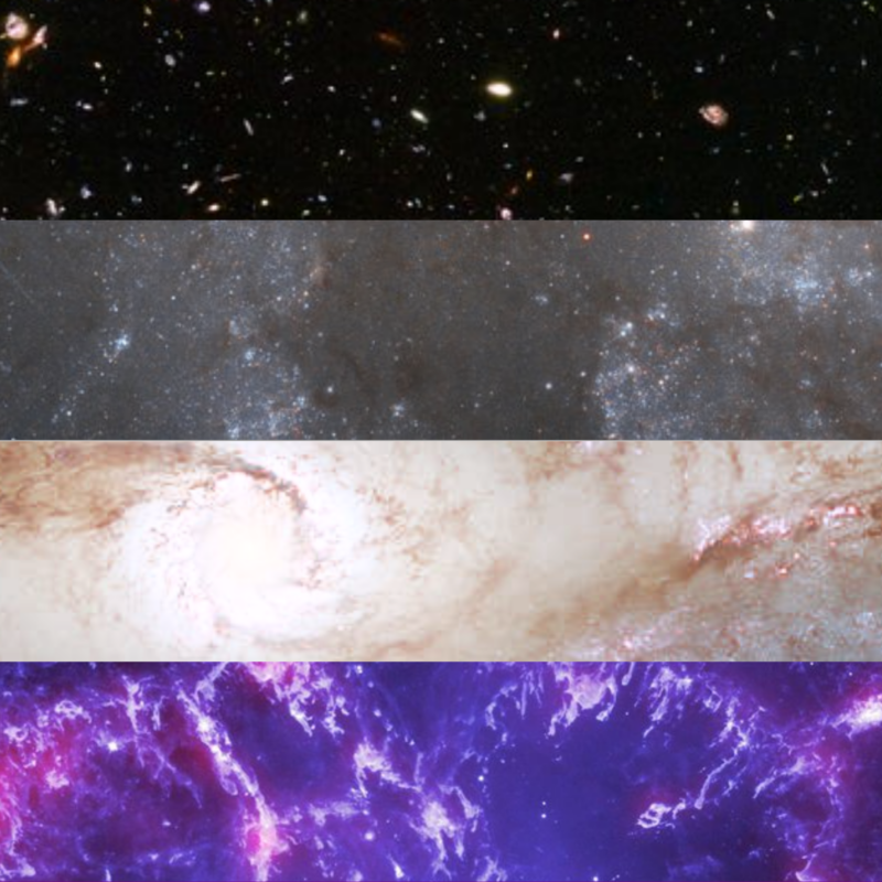 The ace pride flag, featuring four stripes (from top to bottom: black, gray, white, and purple) made from photos of nebulas, galaxies, and stars.