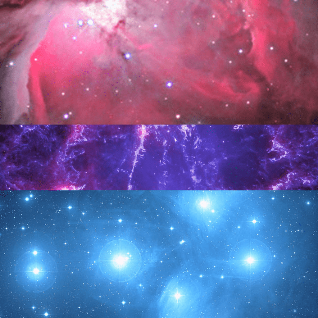 The bisexual pride flag, featuring 3 stripes (from top to bottom: hot pink, purple, and blue) made from photos of nebulas and stars.