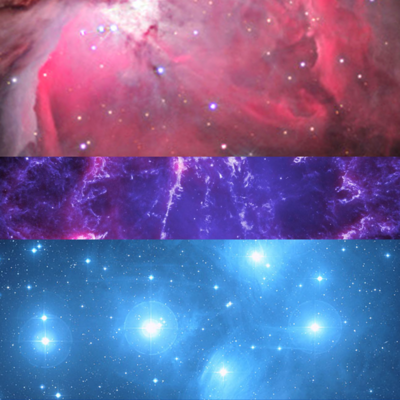 The bisexual pride flag, featuring 3 stripes (from top to bottom: hot pink, purple, and blue) made from photos of nebulas and stars.