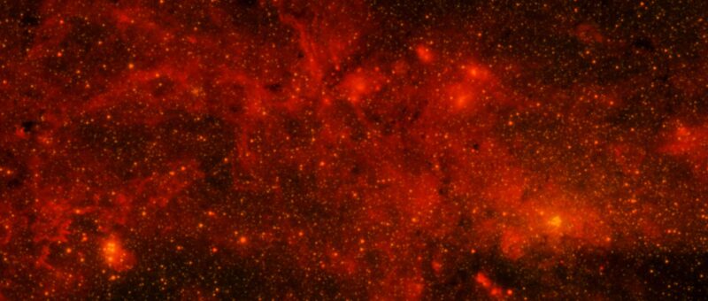 Clouds of deep red dust and bright red stars on a black background.