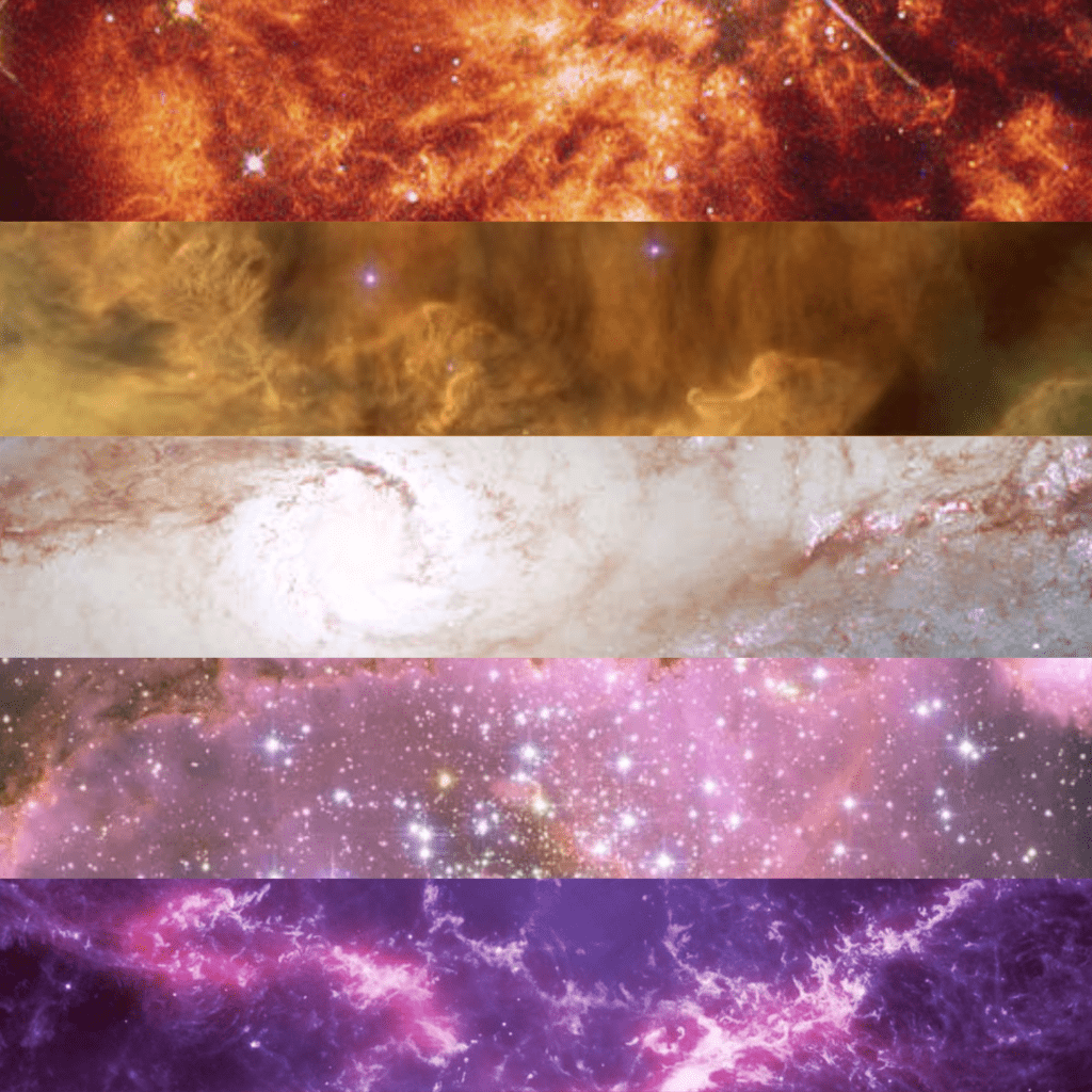 The lesbian pride flag, featuring 5 stripes (from top to bottom: orange, light orange, white, light pink, and purple-pink) made from photos of nebulas, galaxies, and stars.