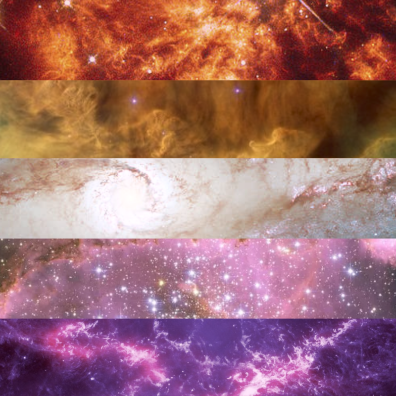The lesbian pride flag, featuring 5 stripes (from top to bottom: orange, light orange, white, light pink, and purple-pink) made from photos of nebulas, galaxies, and stars.