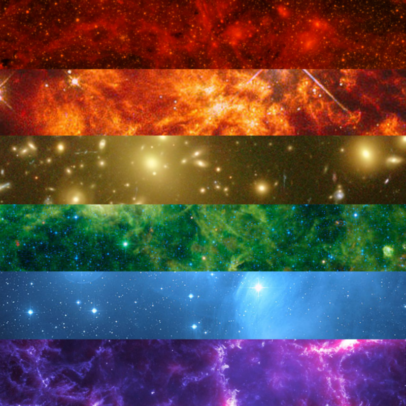 The rainbow pride flag, made of six stripes (from top to bottom: red, orange, yellow, green, blue, and purple) made from photos of stars, nebulas, and galaxies.