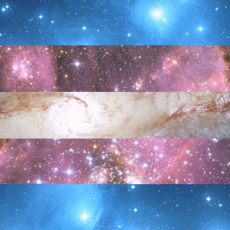 The transgender pride flag, featuring five stripes (from top to bottom: light blue, light pink, white, light pink, and light blue) made from photos of stars, nebulas, and galaxies.