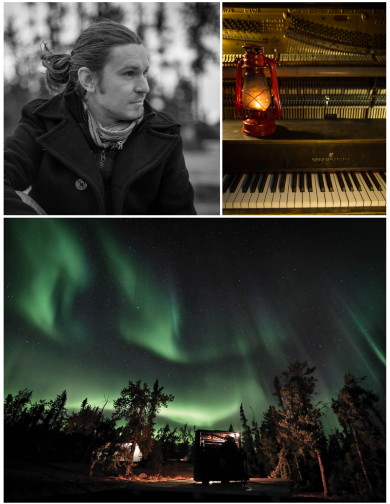 Three images: a black and white portrait of Roman Zavada, a glowing camping lantern on a piano, and the northern lights above Roman Zavada playing the piano.