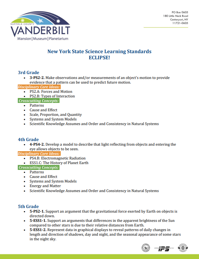 New York State Science Learning Standards for grades 3-12 covered by ECLIPSE!
