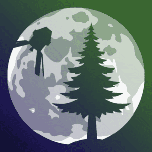 An illustration showing silhouettes of the Orion capsule and a pine tree against the Moon.