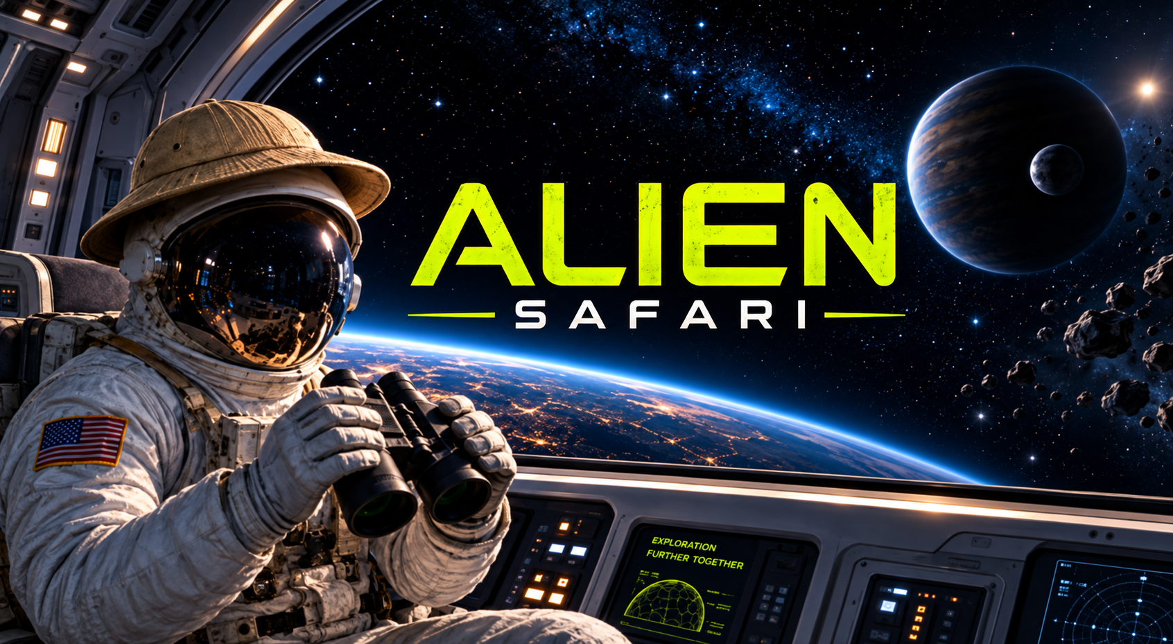 Alien Safari program graphic: an astronaut in a pith helmet looks through binoculars from a spacecraft window above Earth