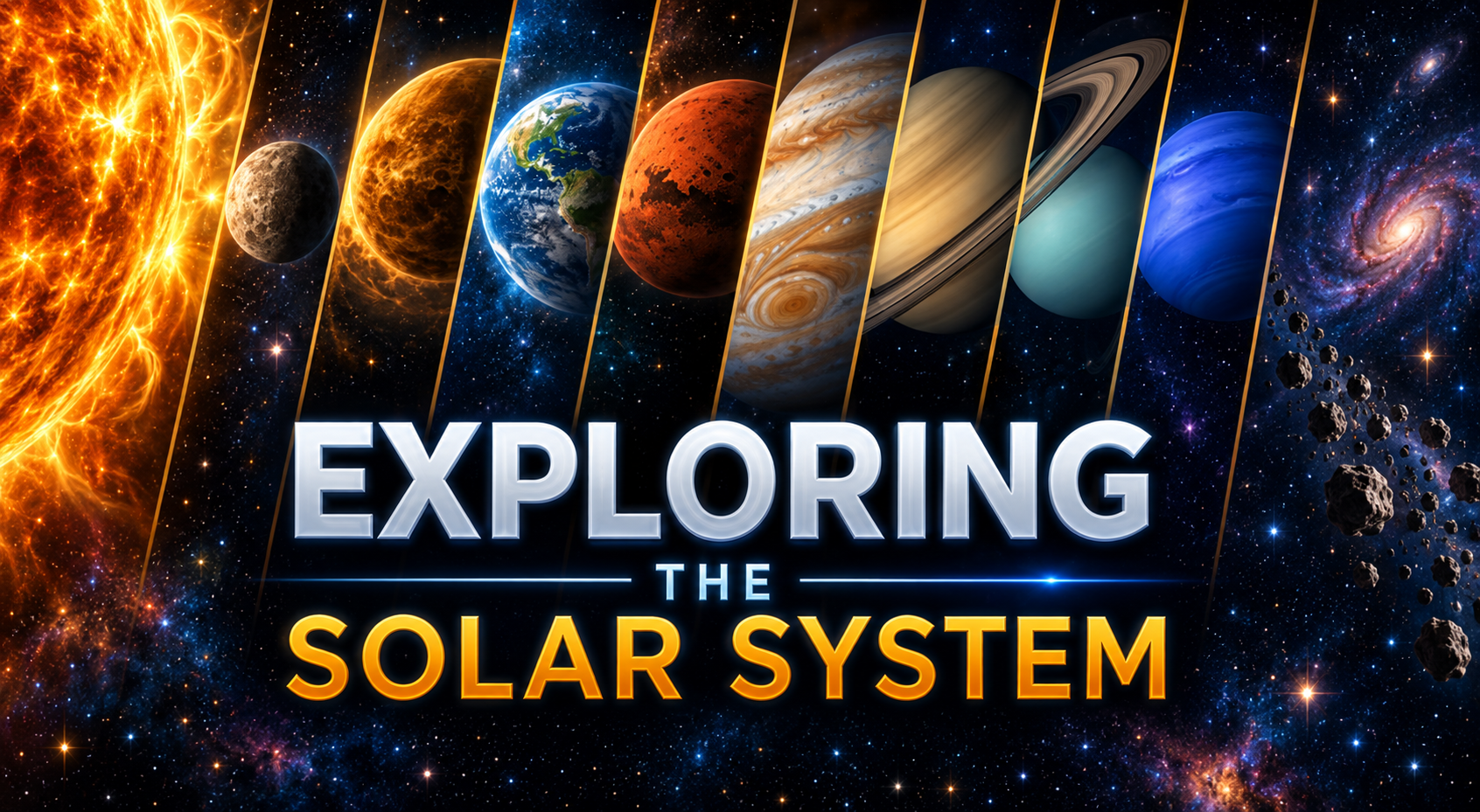 Exploring the Solar System program graphic: the Sun and all eight planets shown in order across a starfield