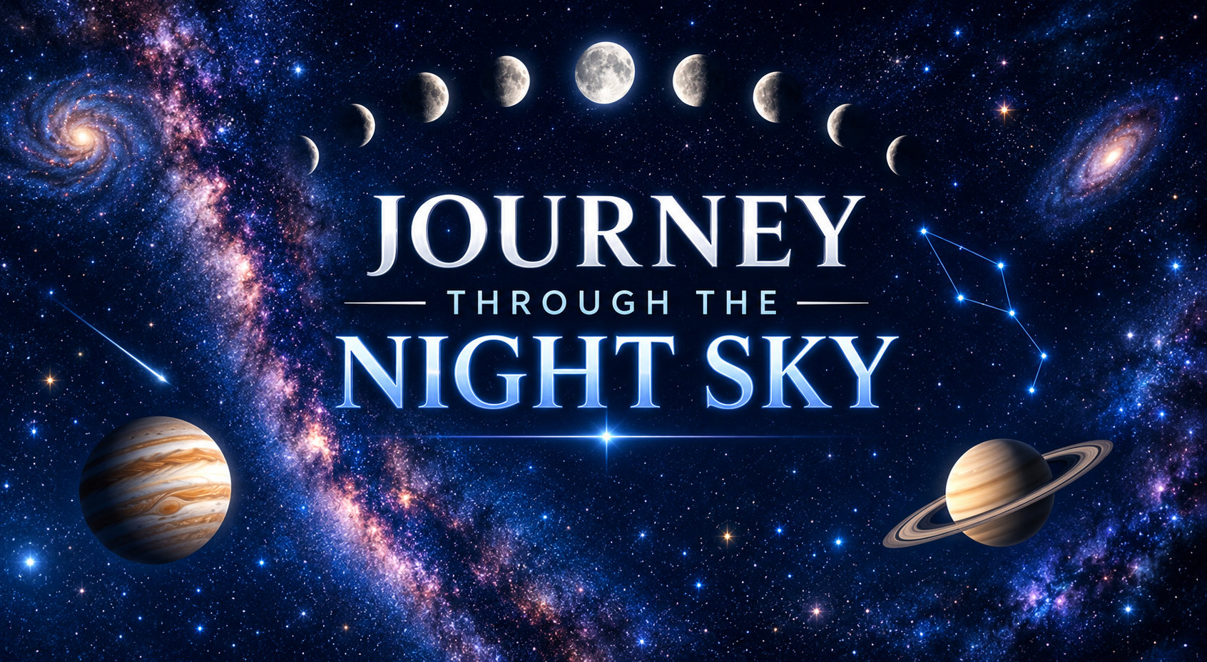 Journey Through the Night Sky program graphic: the phases of the Moon arc above the Milky Way, Jupiter and Saturn