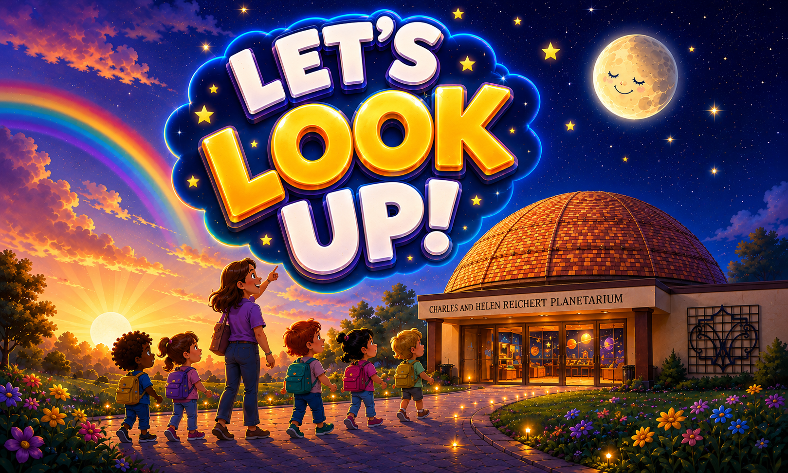Let's Look Up! Children and a teacher looking up at the night sky outside the Charles and Helen Reichert Planetarium