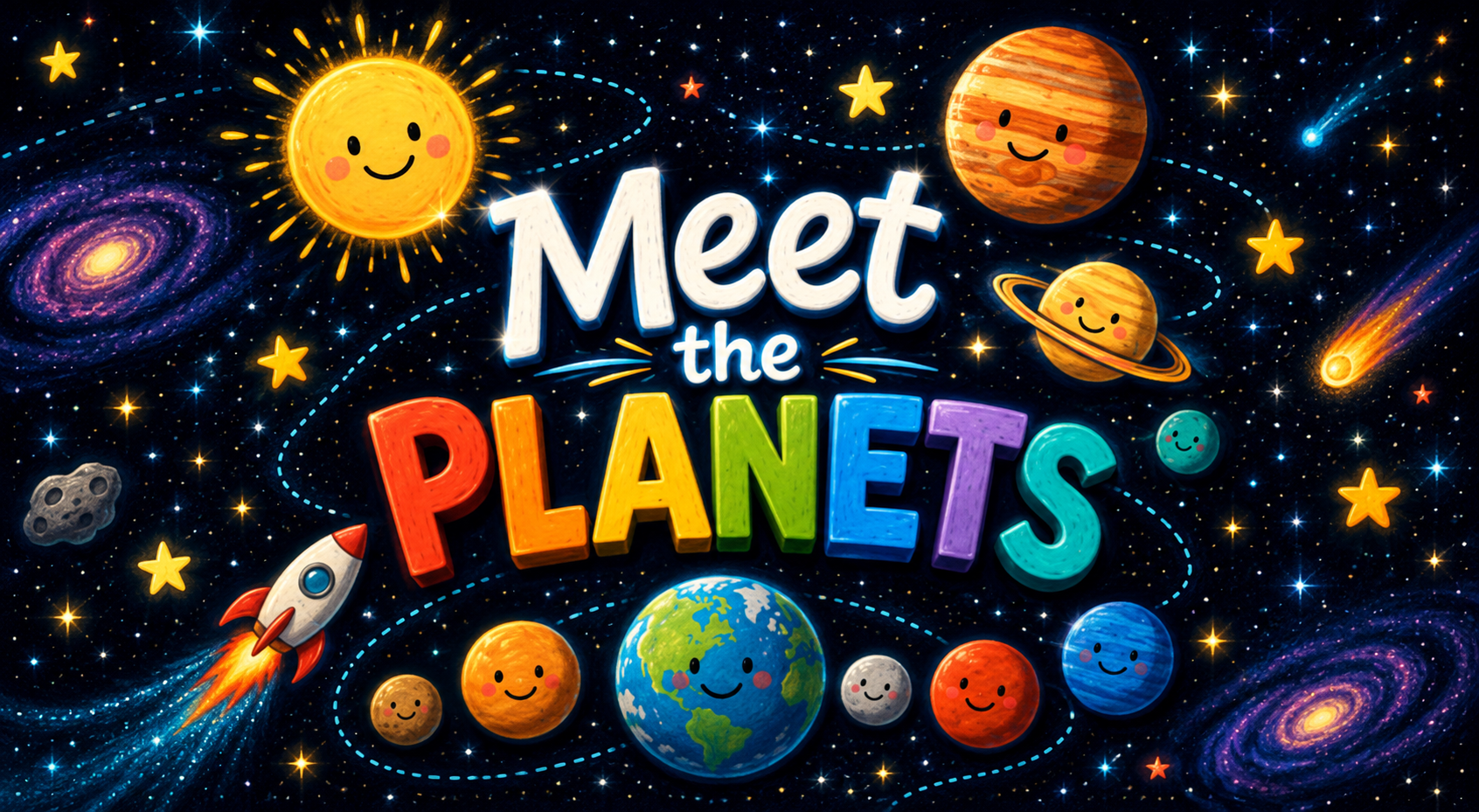 Meet the Planets program graphic: colorful hand-drawn lettering with a smiling Sun, a rocket and cartoon planets