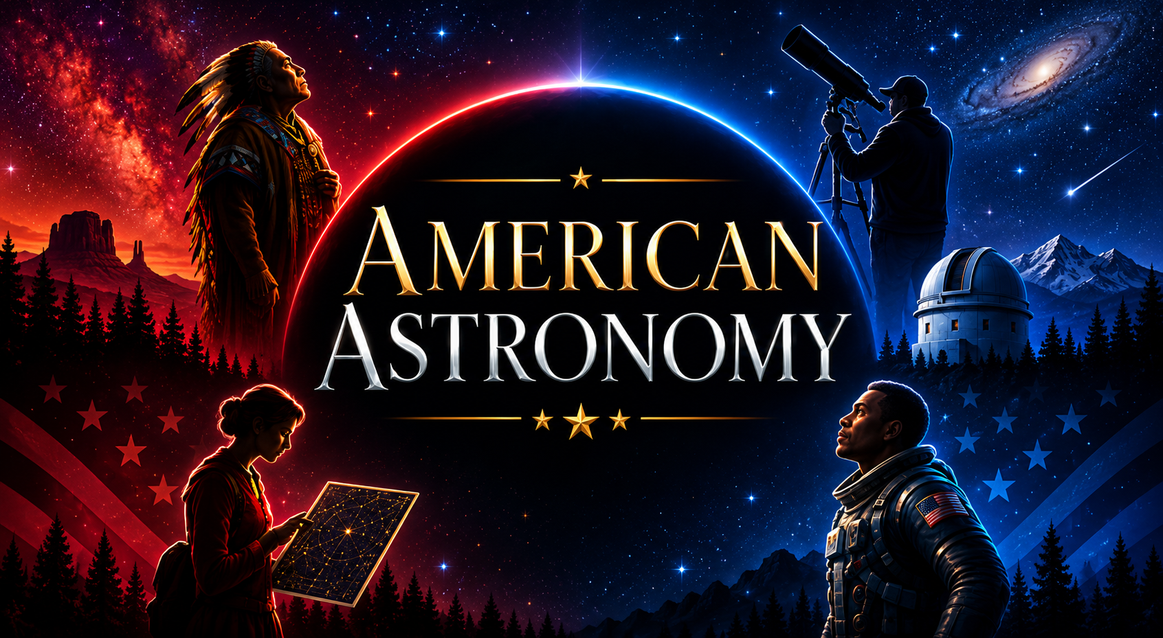 American Astronomy program graphic: an Indigenous figure, a woman with a star chart, an astronomer at a telescope and an astronaut beneath a starlit sky